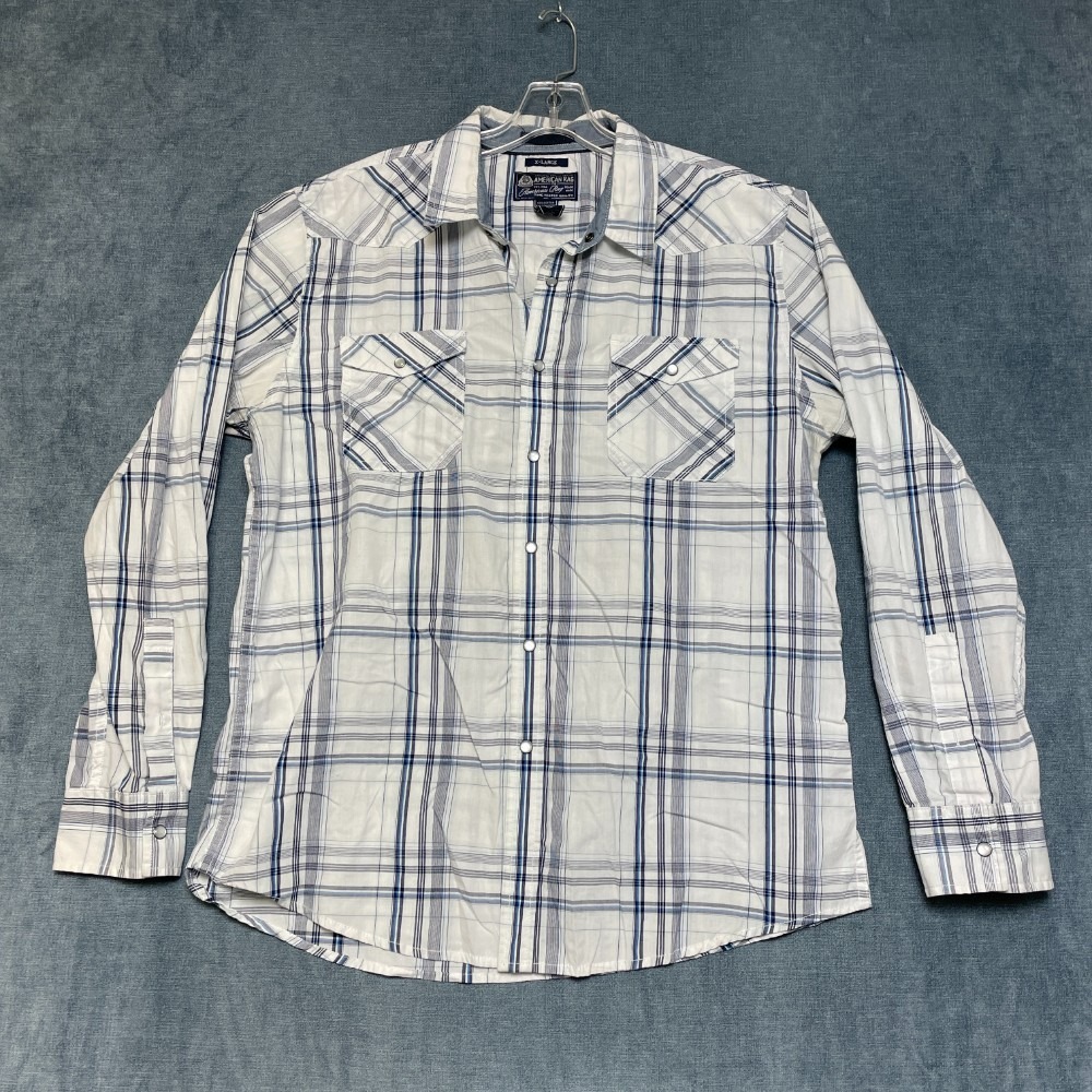 American Rag Cie Western Shirt Mens XL White Blue Plaid Pearl Snap Long Sleeve